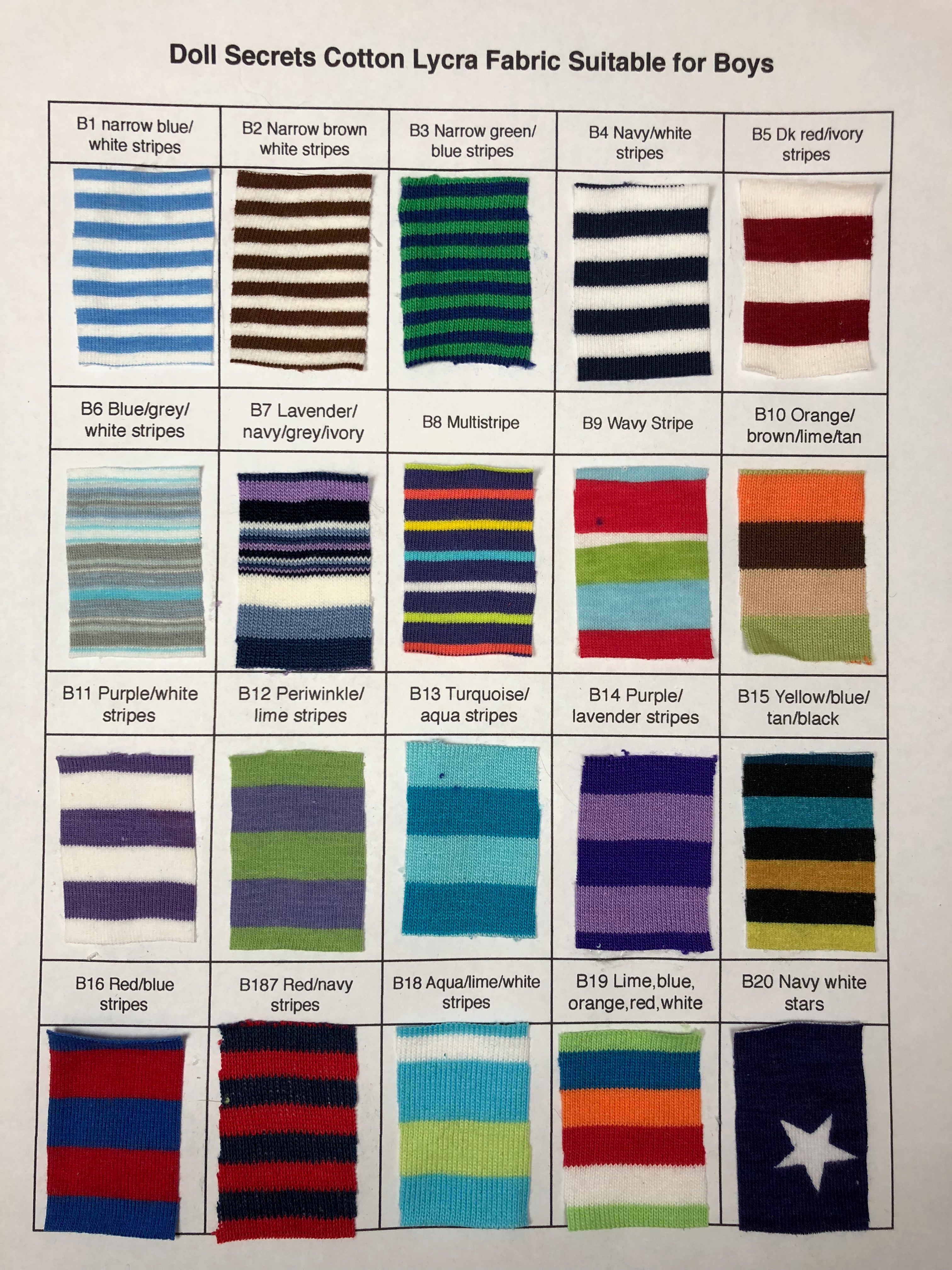 Boy fabric Selection chart